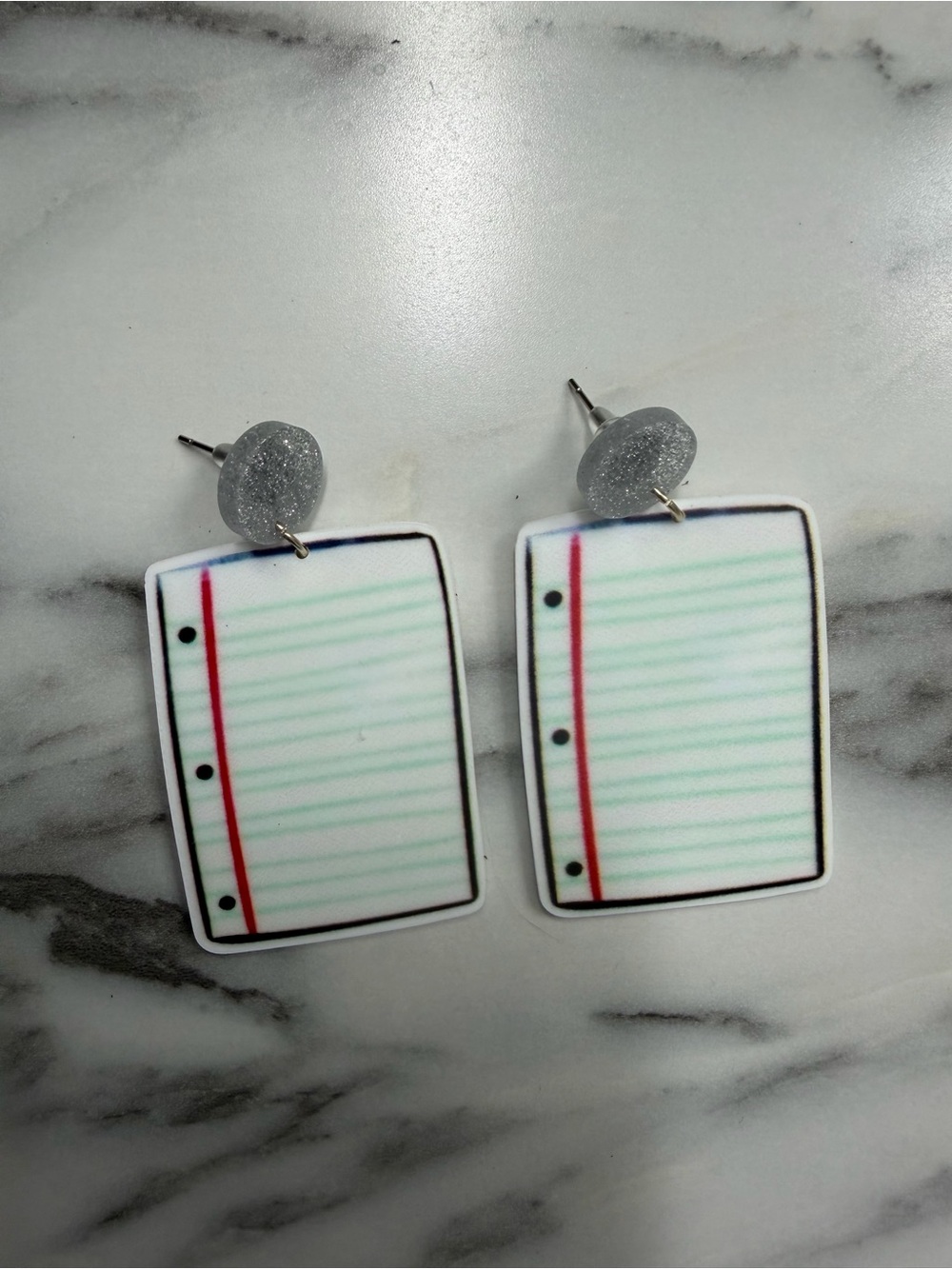 Notebook Paper Dangle Earrings in White, Red & Green